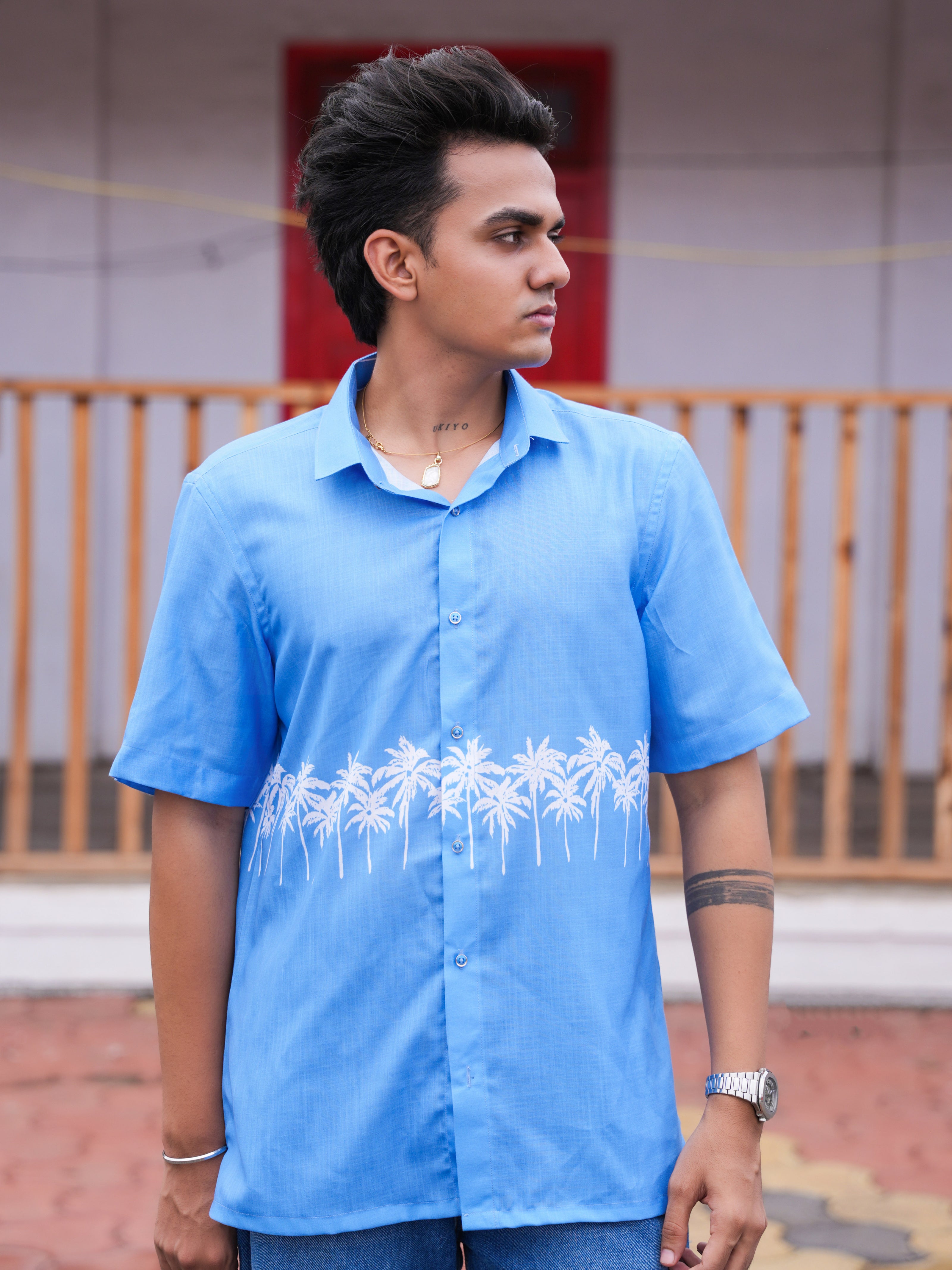 Street Wear Blue & White Palm Tree Print Cotton Linen Shirt