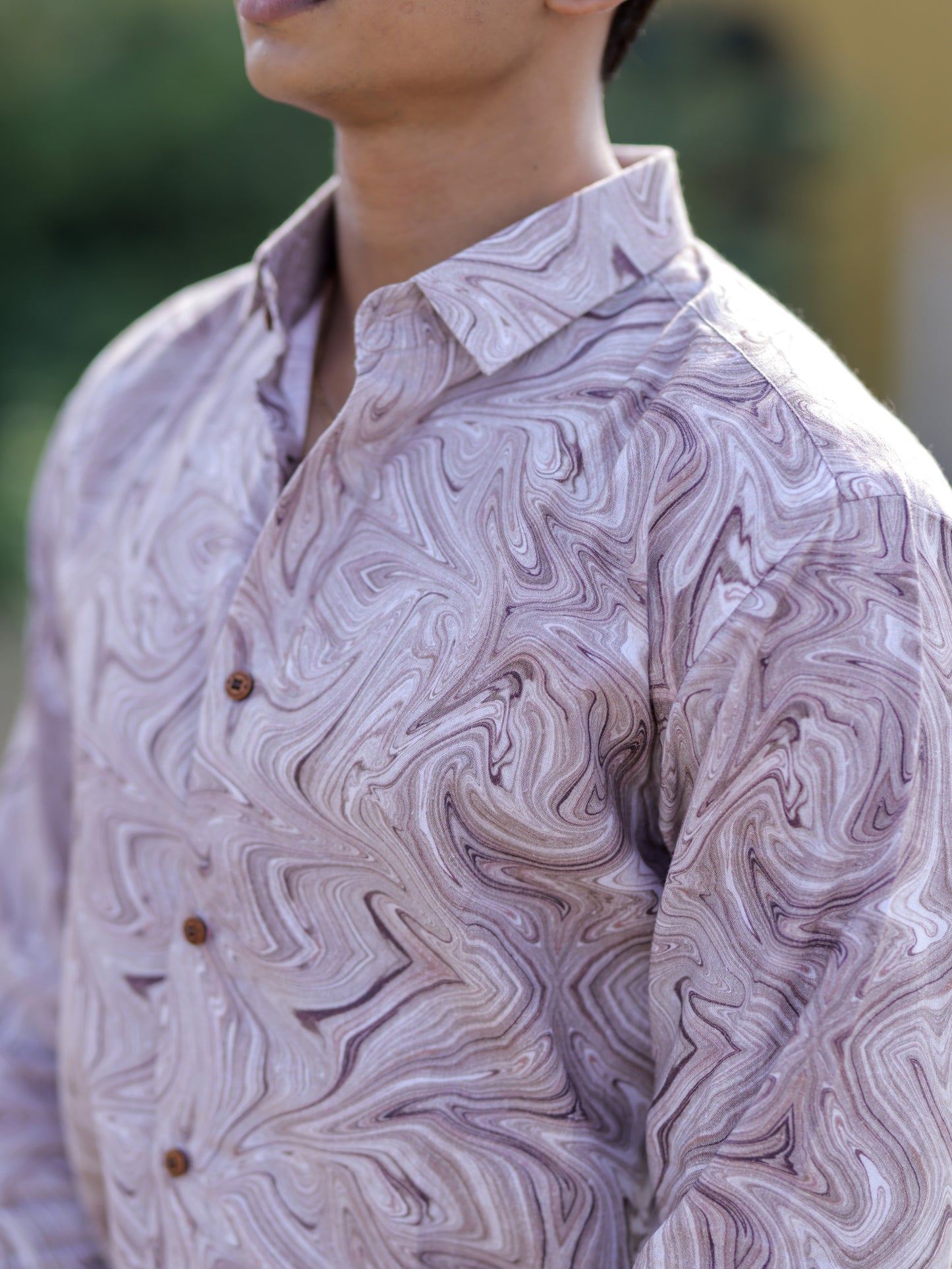 Men’s Brown Cotton Linen Shirt with Swirl Marble Pattern Design
