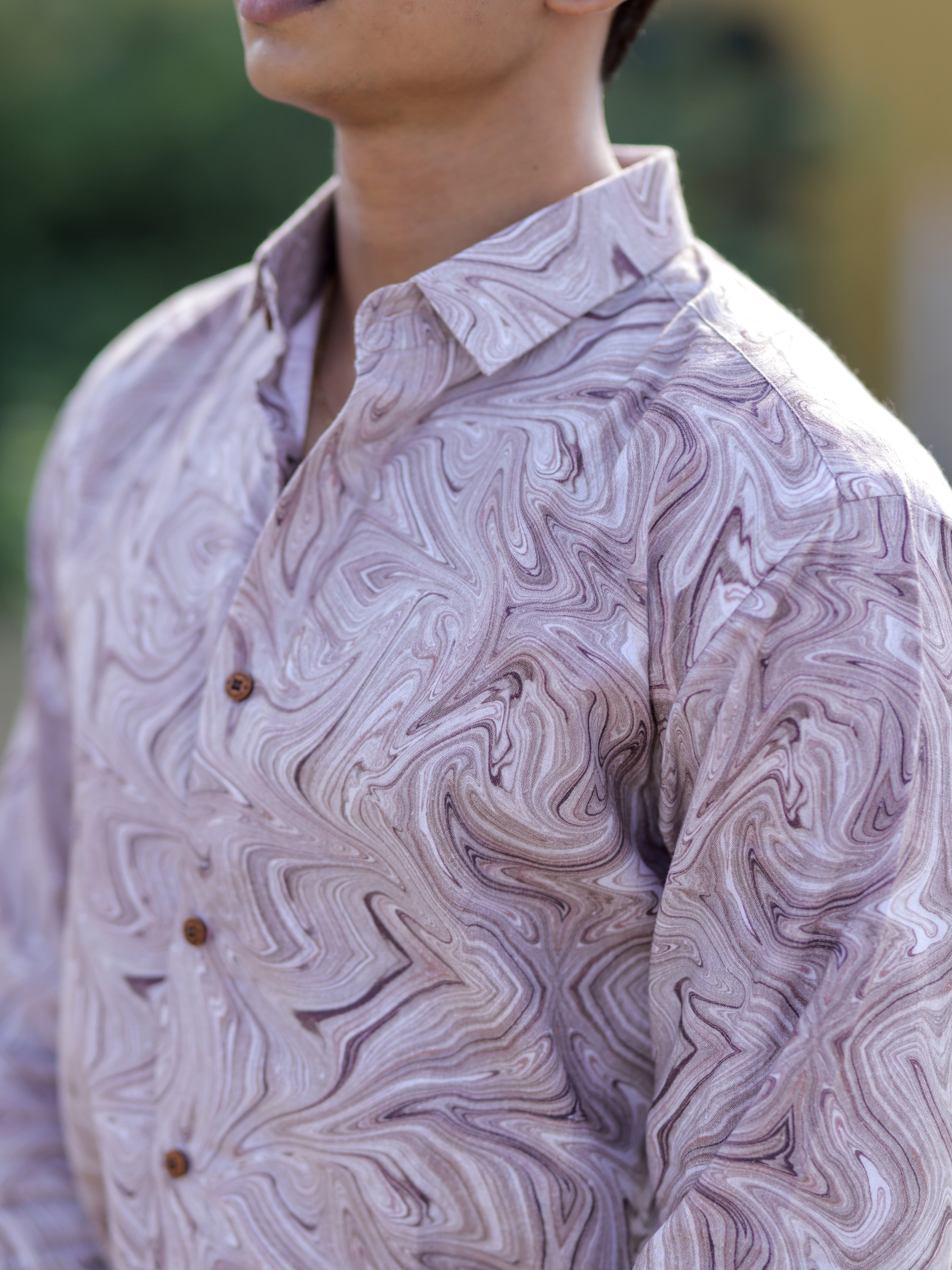 Men’s Brown Cotton Linen Shirt with Swirl Marble Pattern Design