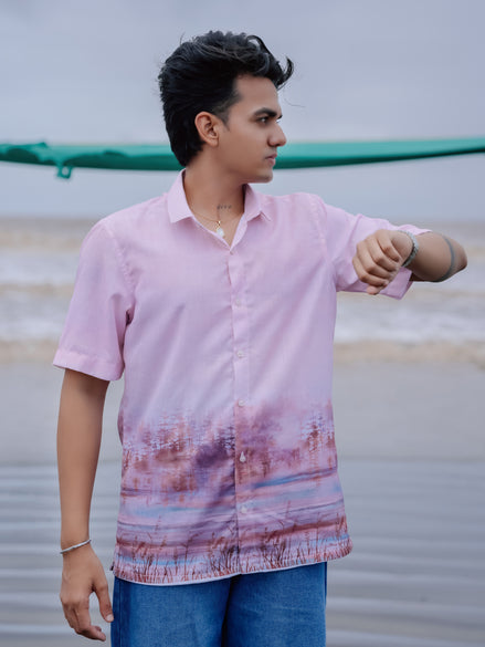 Trendy Beach Style Pink Tree Print  Cotton Linen Nature Shirt