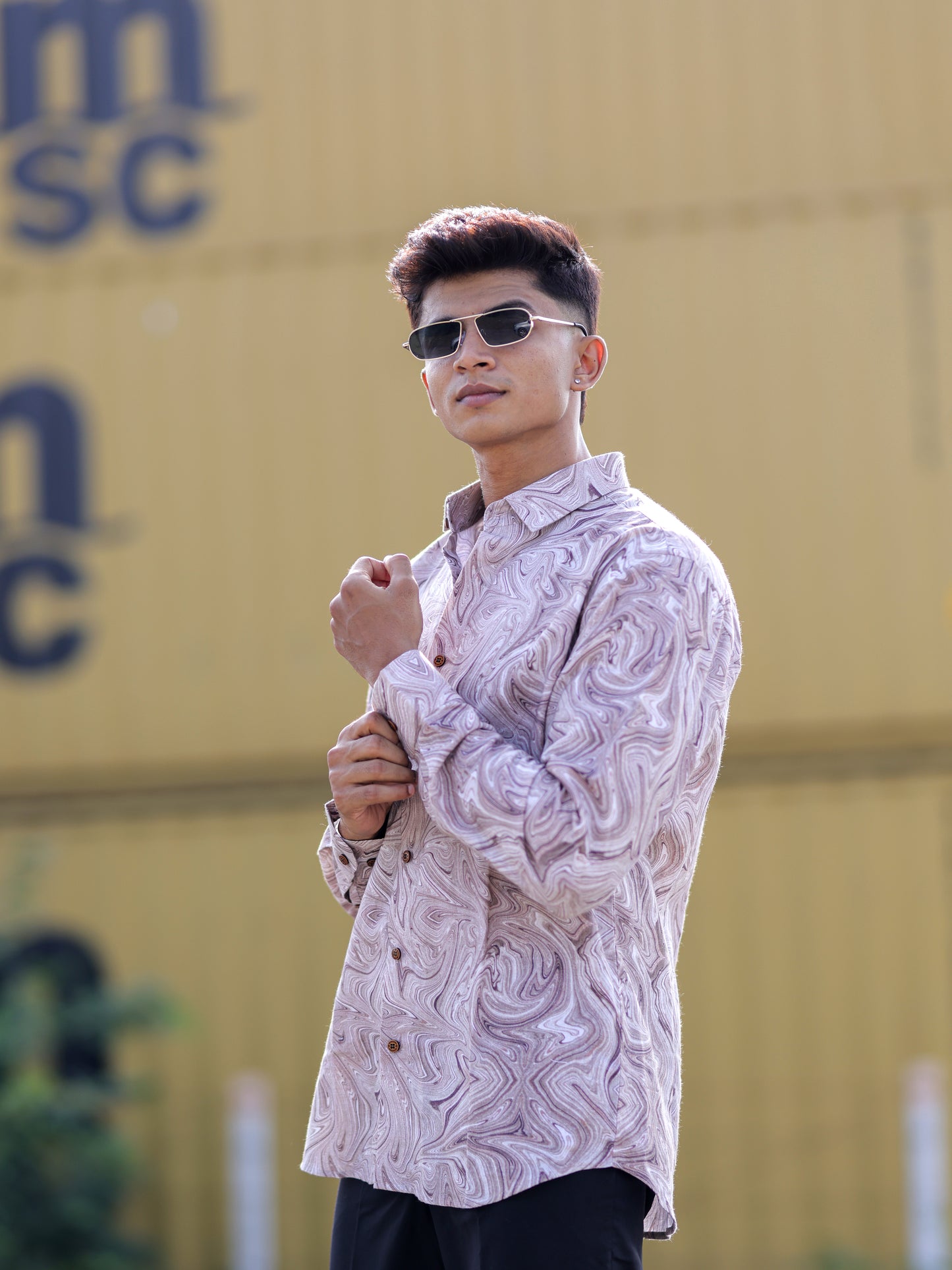 Men’s Brown Cotton Linen Shirt with Swirl Marble Pattern Design