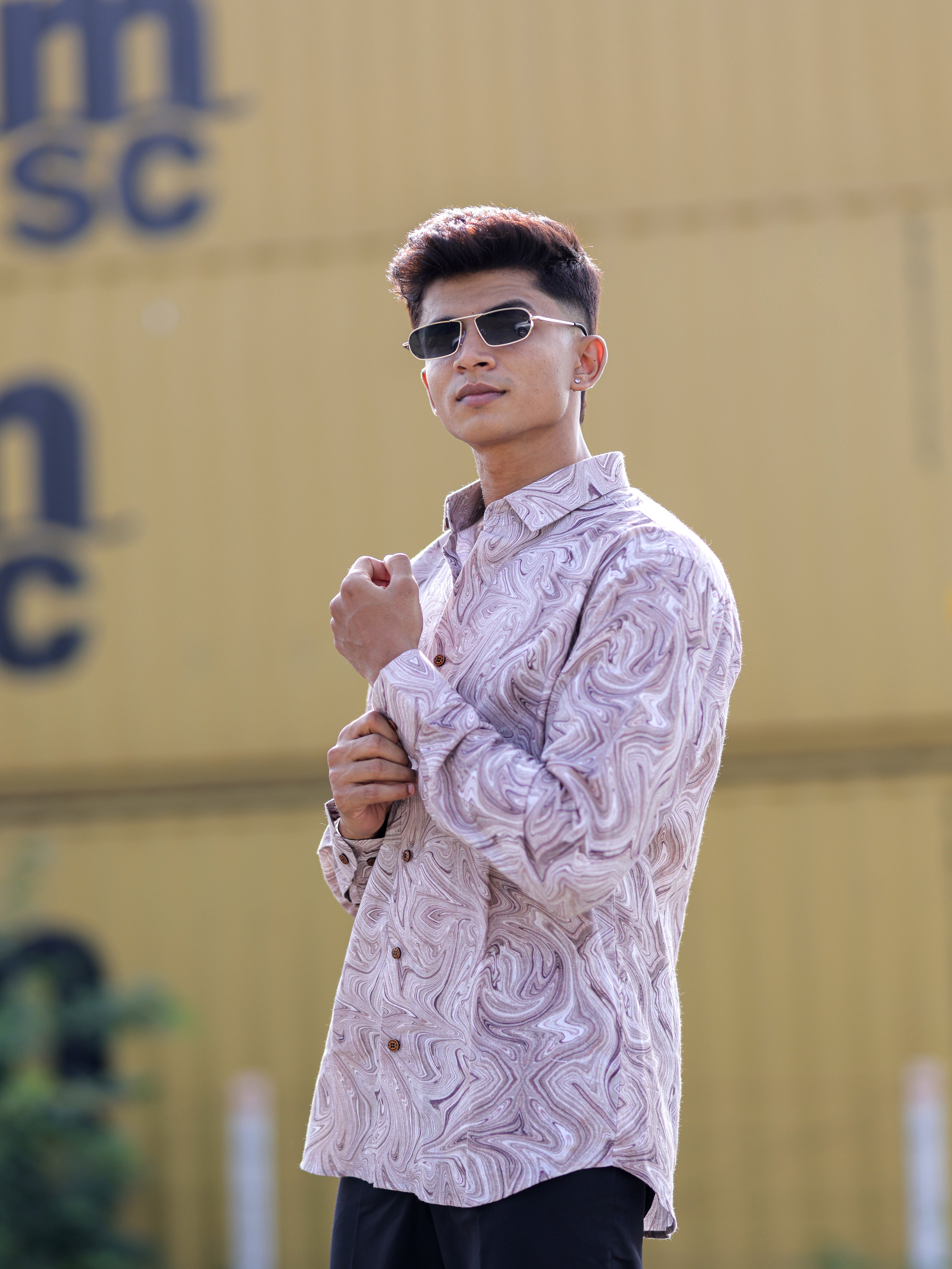 Men’s Brown Cotton Linen Shirt with Swirl Marble Pattern Design