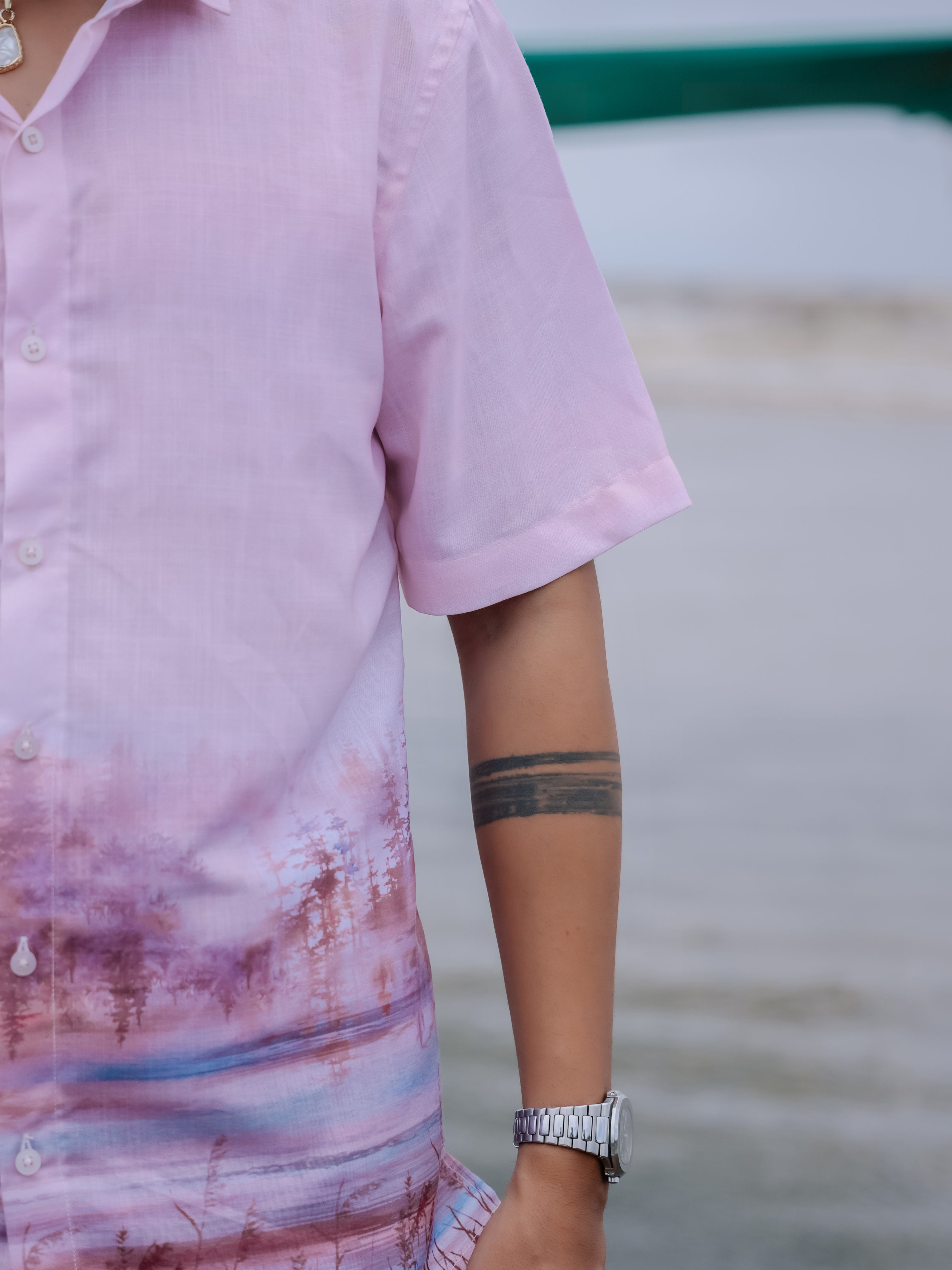 Trendy Beach Style Pink Tree Print  Cotton Linen Nature Shirt