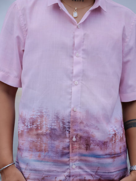 Trendy Beach Style Pink Tree Print  Cotton Linen Nature Shirt