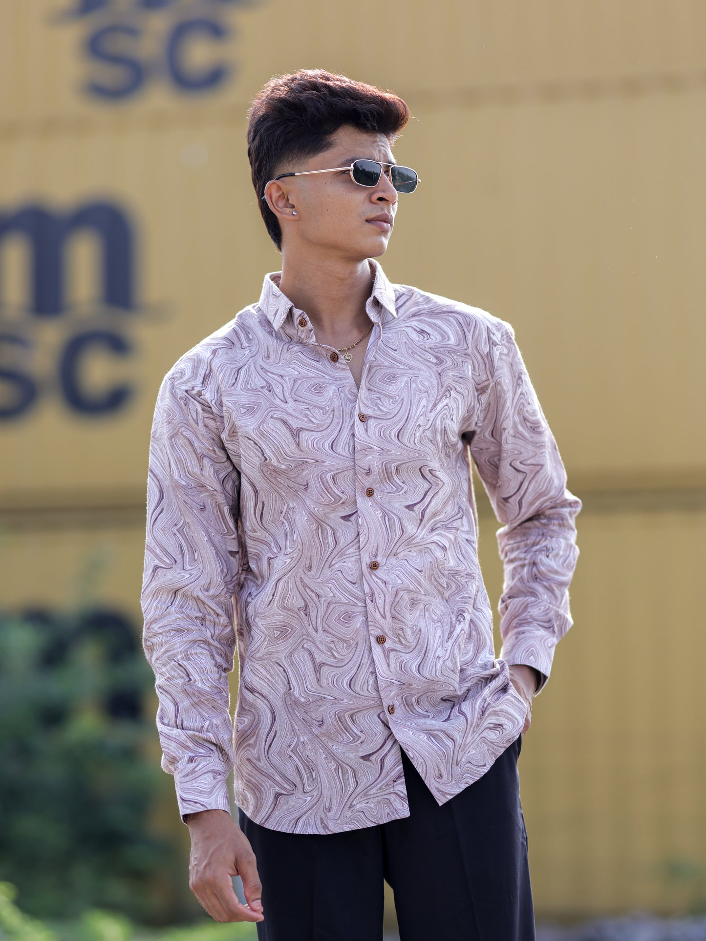Men’s Brown Cotton Linen Shirt with Swirl Marble Pattern Design