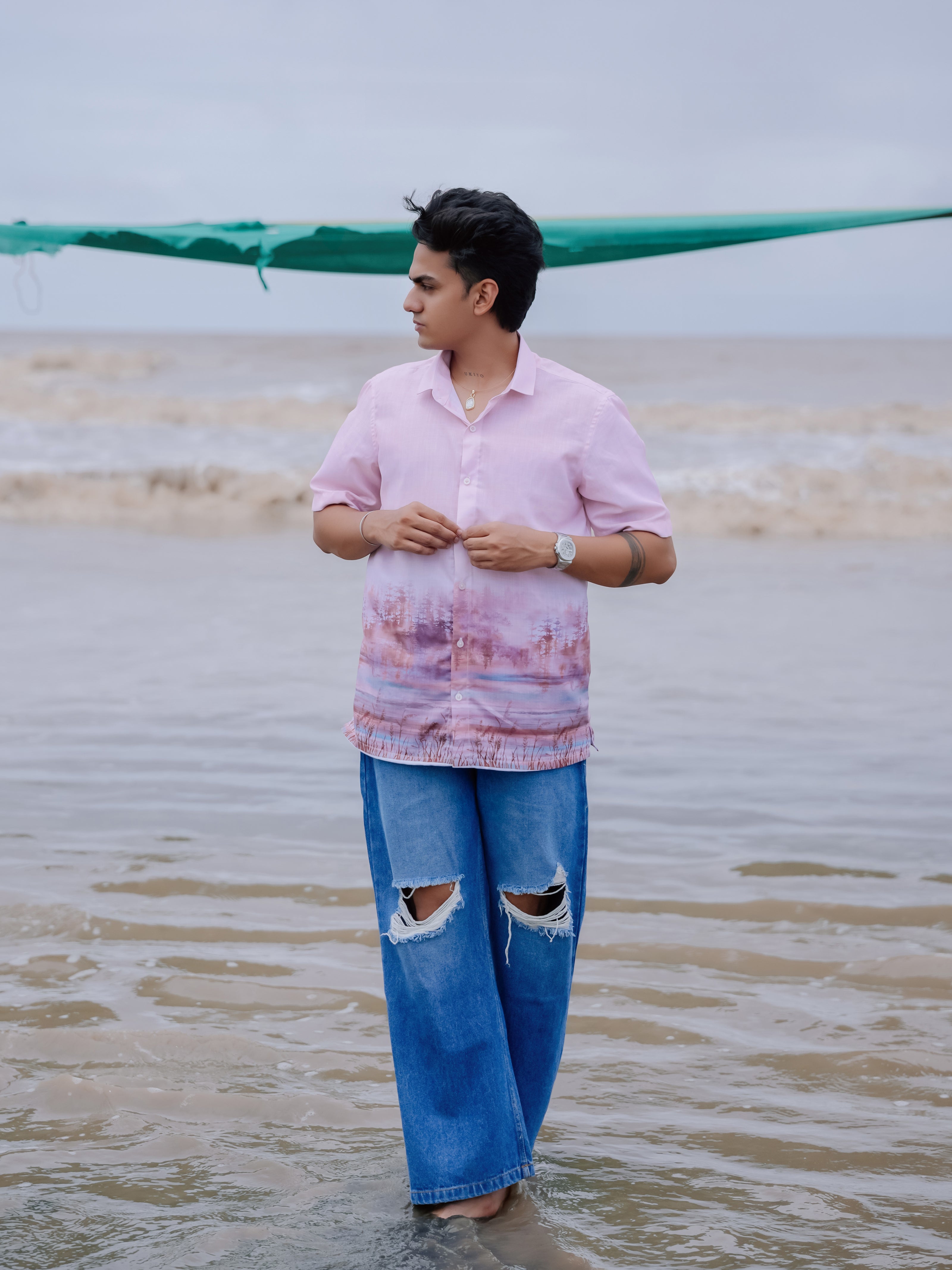 Trendy Beach Style Pink Tree Print  Cotton Linen Nature Shirt