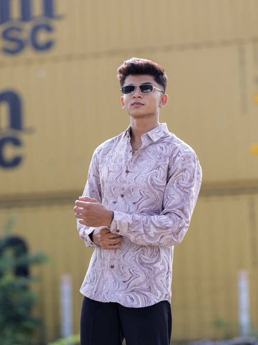 Men’s Brown Cotton Linen Shirt with Swirl Marble Pattern Design