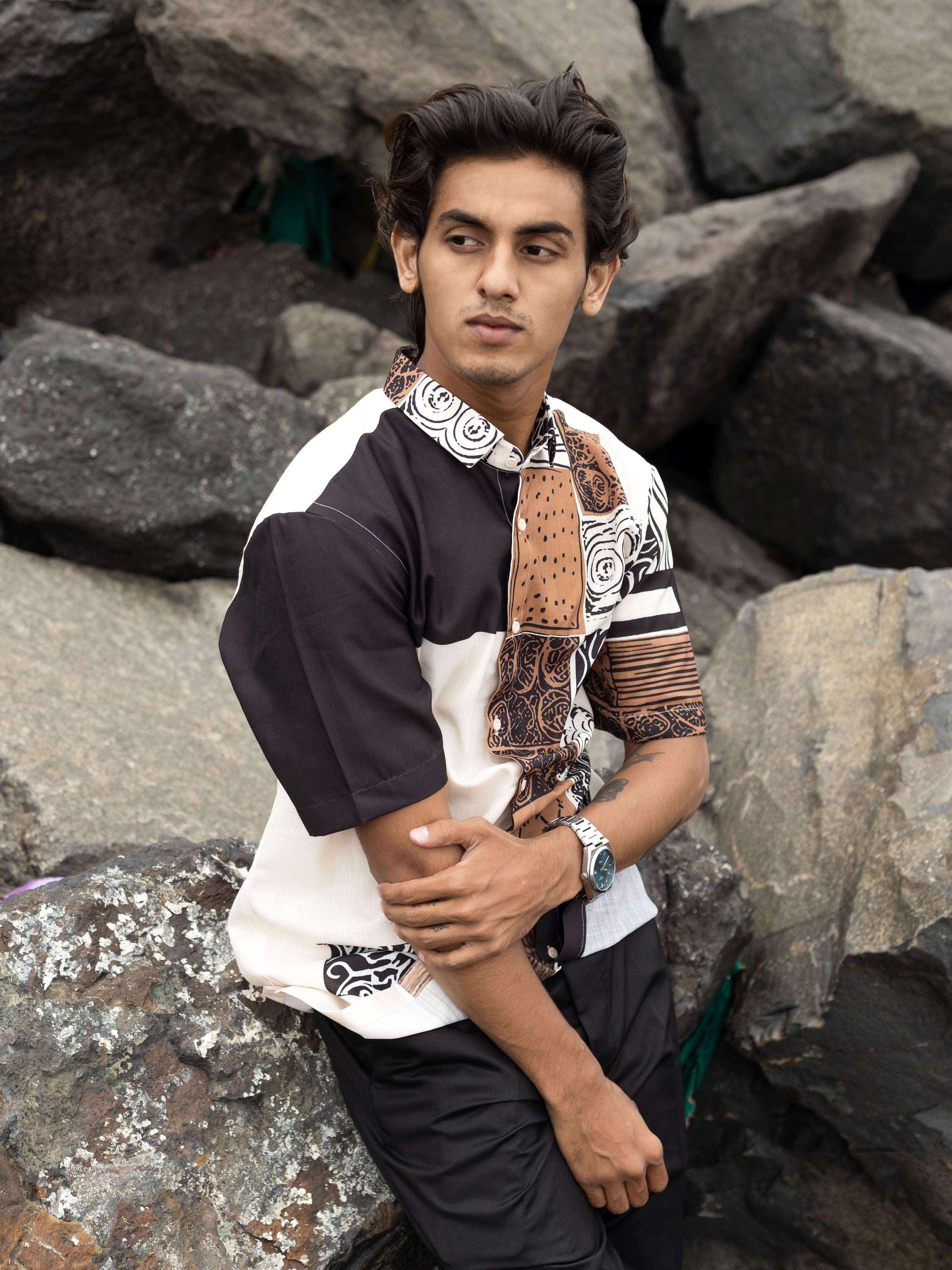Trendy Patchwork Printed Cotton Line Shirt for Men – Patchwork Fashion