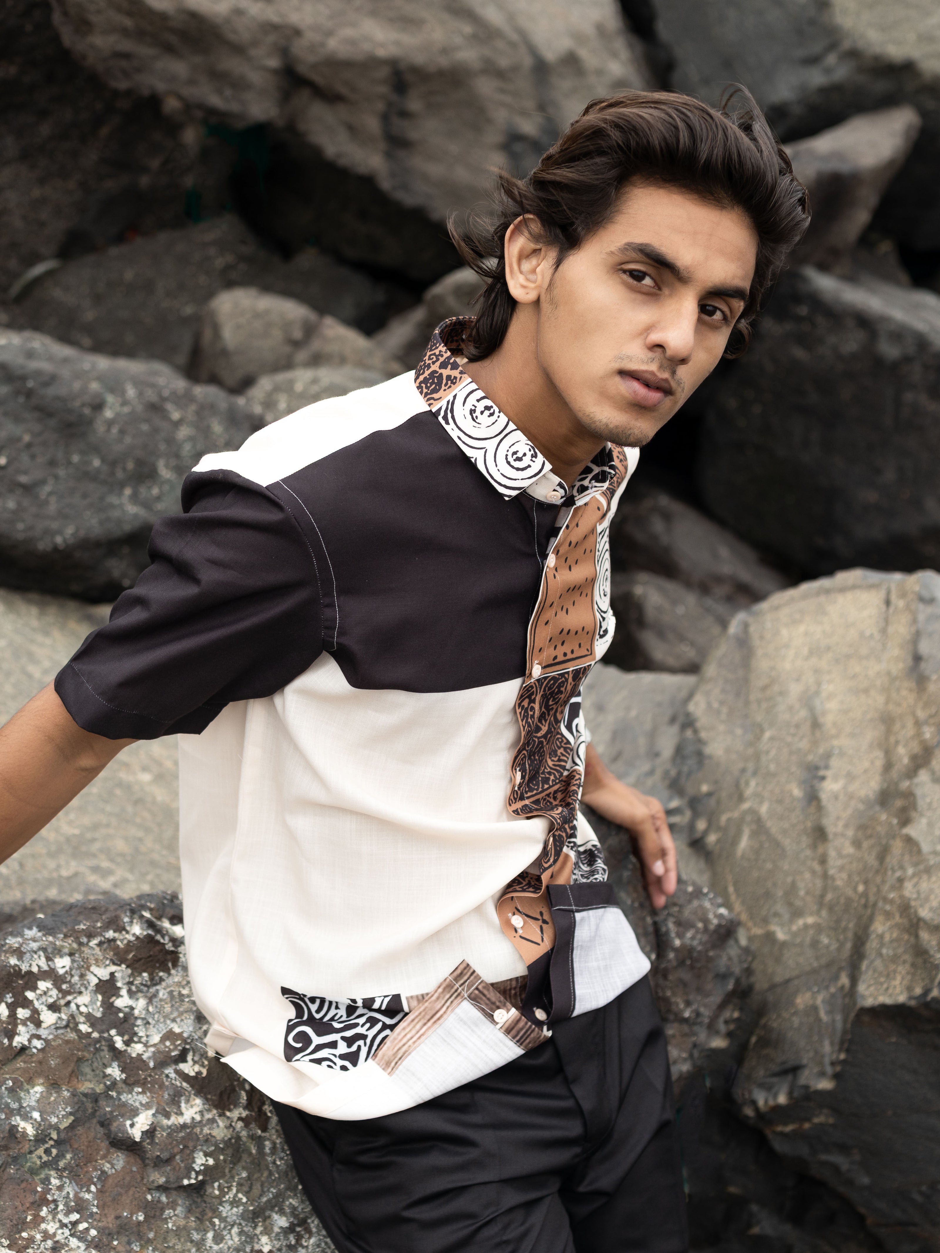 Trendy Patchwork Printed Cotton Line Shirt for Men – Patchwork Fashion