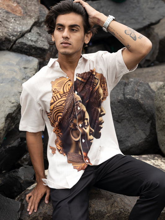 Cream Cotton Linen Shirt Stylish Printed African Art Design