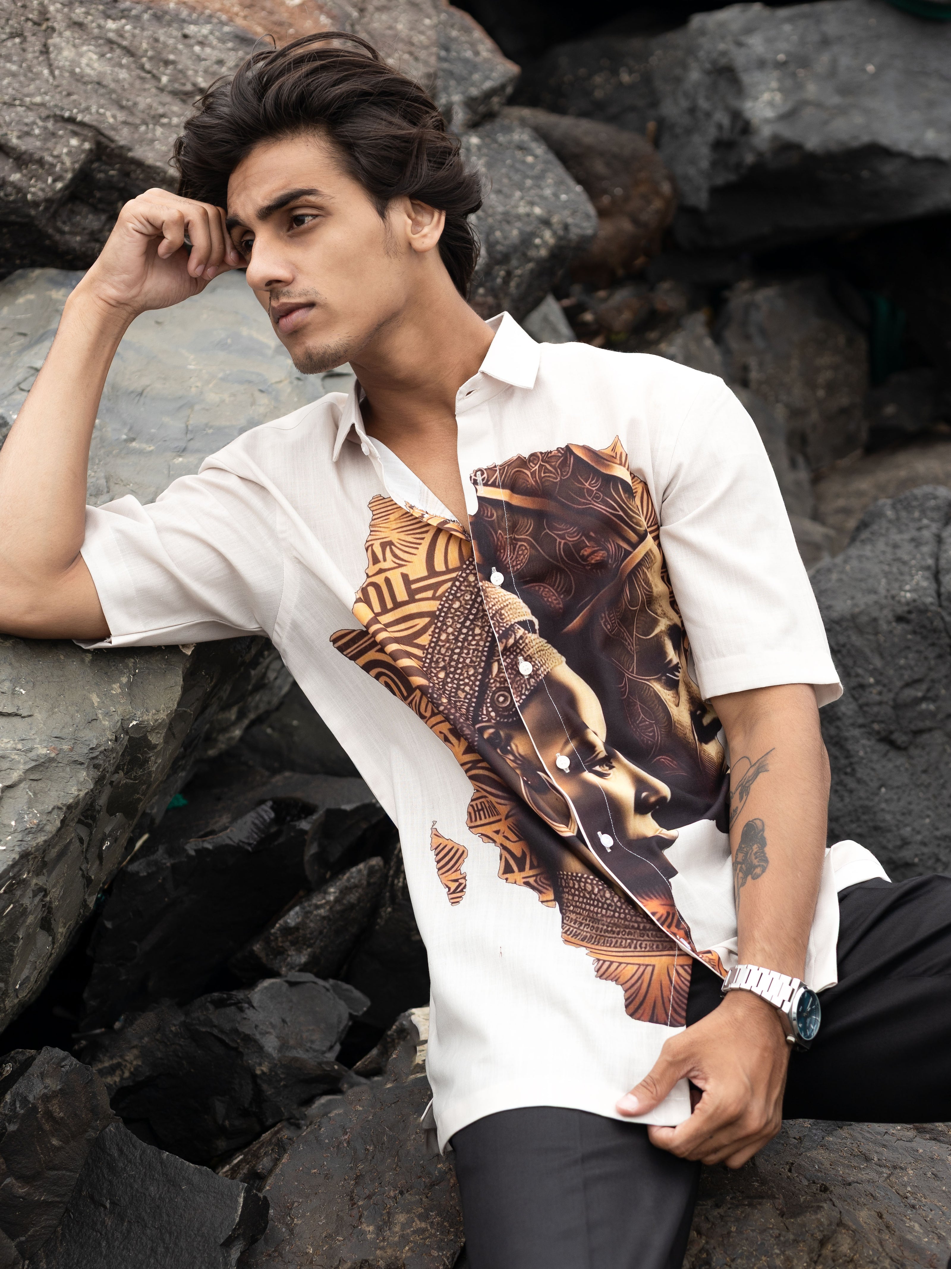 Cream Cotton Linen Shirt Stylish Printed African Art Design