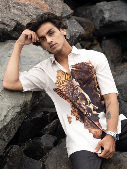 Cream Cotton Linen Shirt Stylish Printed African Art Design