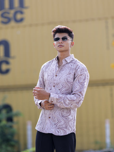 Men’s Brown Cotton Linen Shirt with Swirl Marble Pattern Design