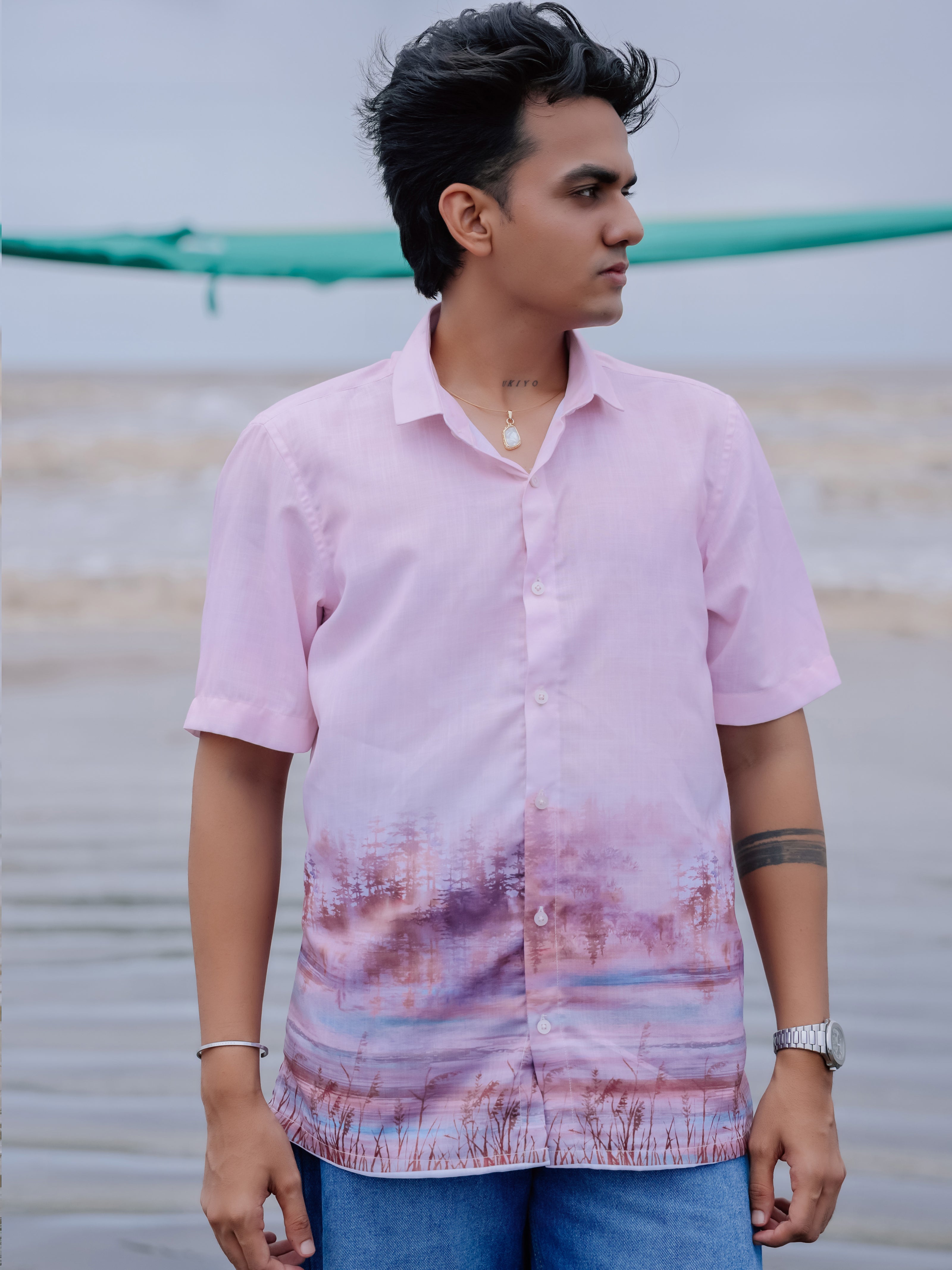 Trendy Beach Style Pink Tree Print  Cotton Linen Nature Shirt