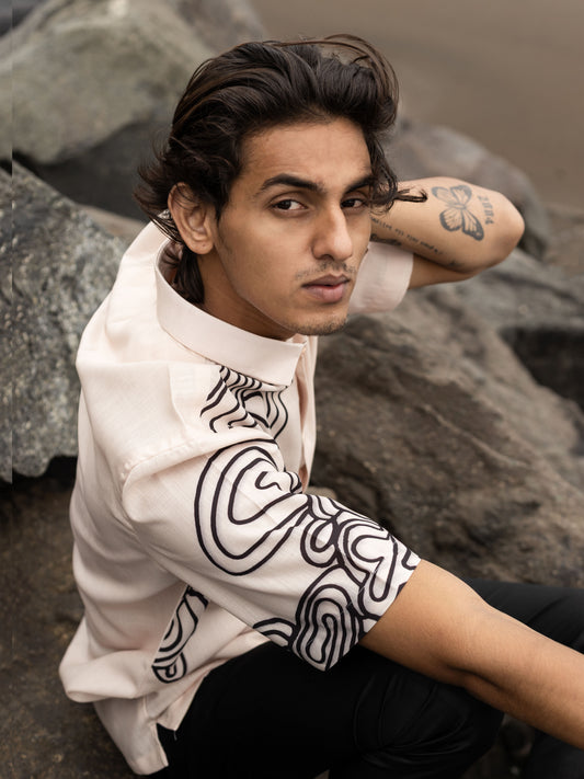 Modern Cream Abstract Print Cotton Line Shirt for Men: Fashion Trend