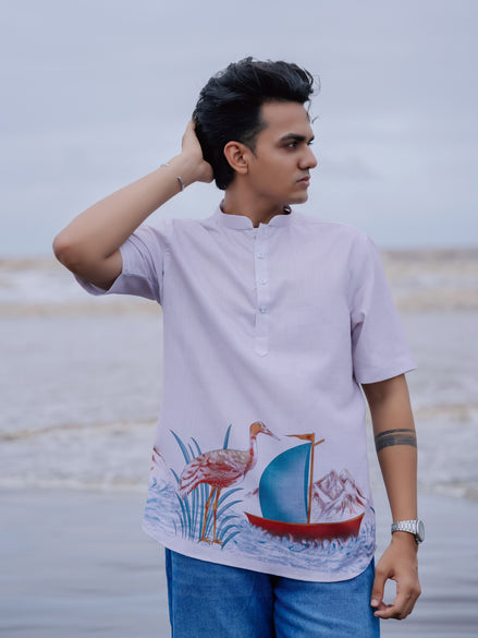 Peach Cotton Linen Stylish Men’s Printed Kurta Shirt – Beachwear Fashion