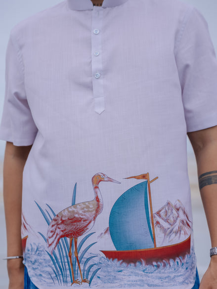 Peach Cotton Linen Stylish Men’s Printed Kurta Shirt – Beachwear Fashion