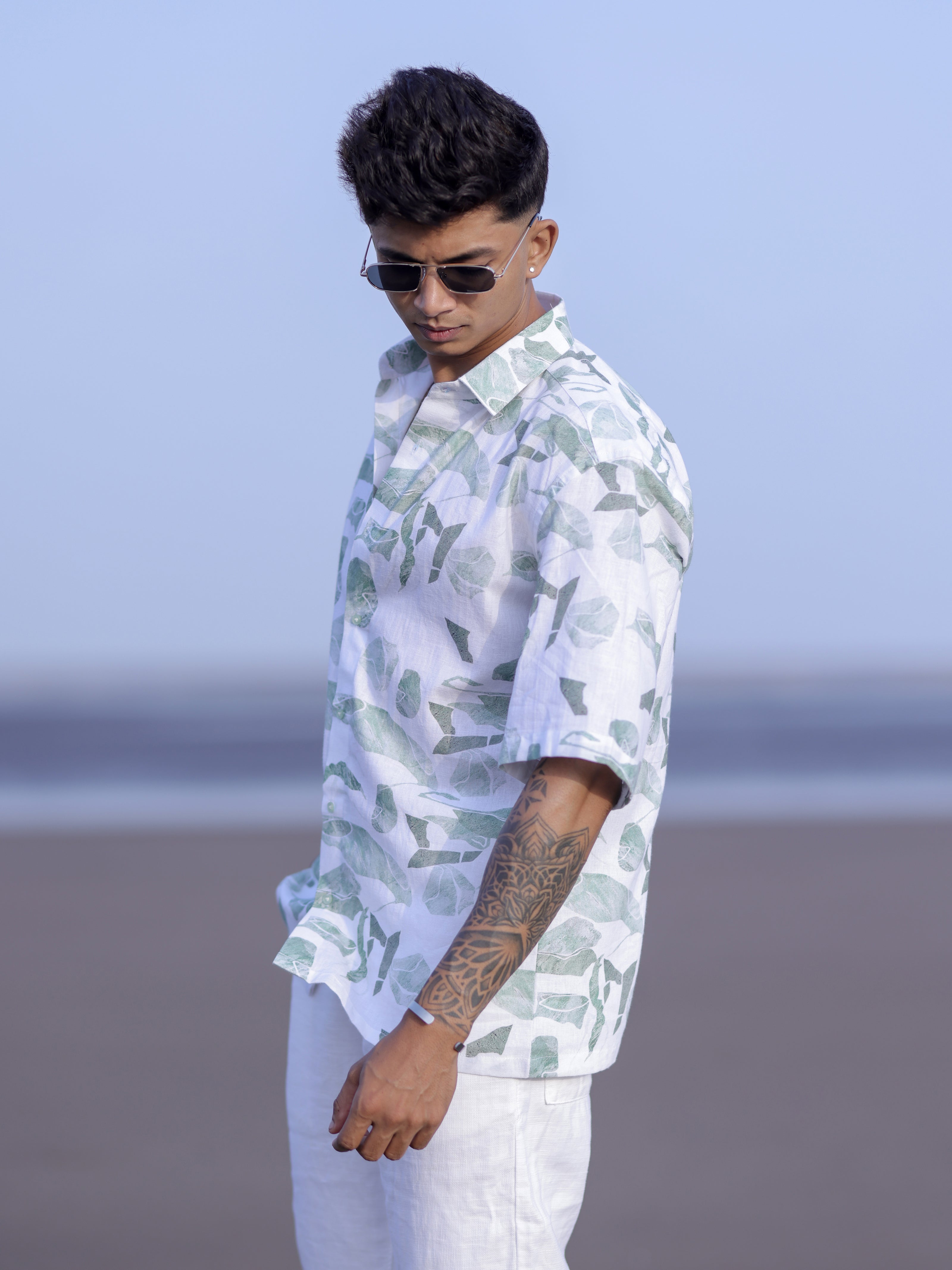 Men’s Tropical White & Green Leaf Print Linen Shirt