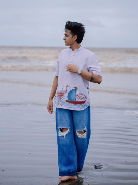 Peach Cotton Linen Stylish Men’s Printed Kurta Shirt – Beachwear Fashion