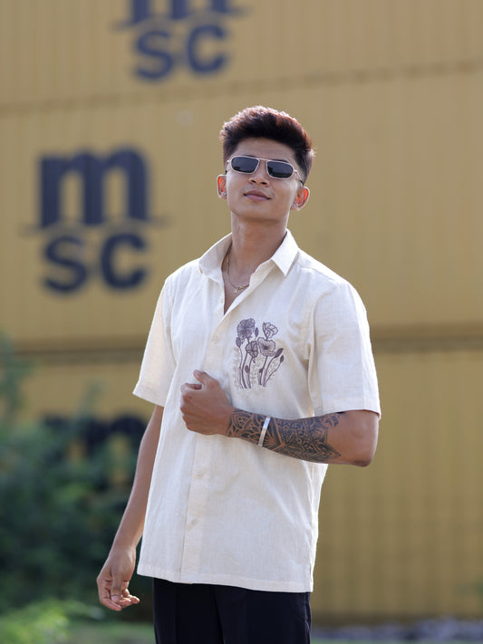 Cream Khadi Cotton Linen Shirt for Men with Minimal Floral Embroidery