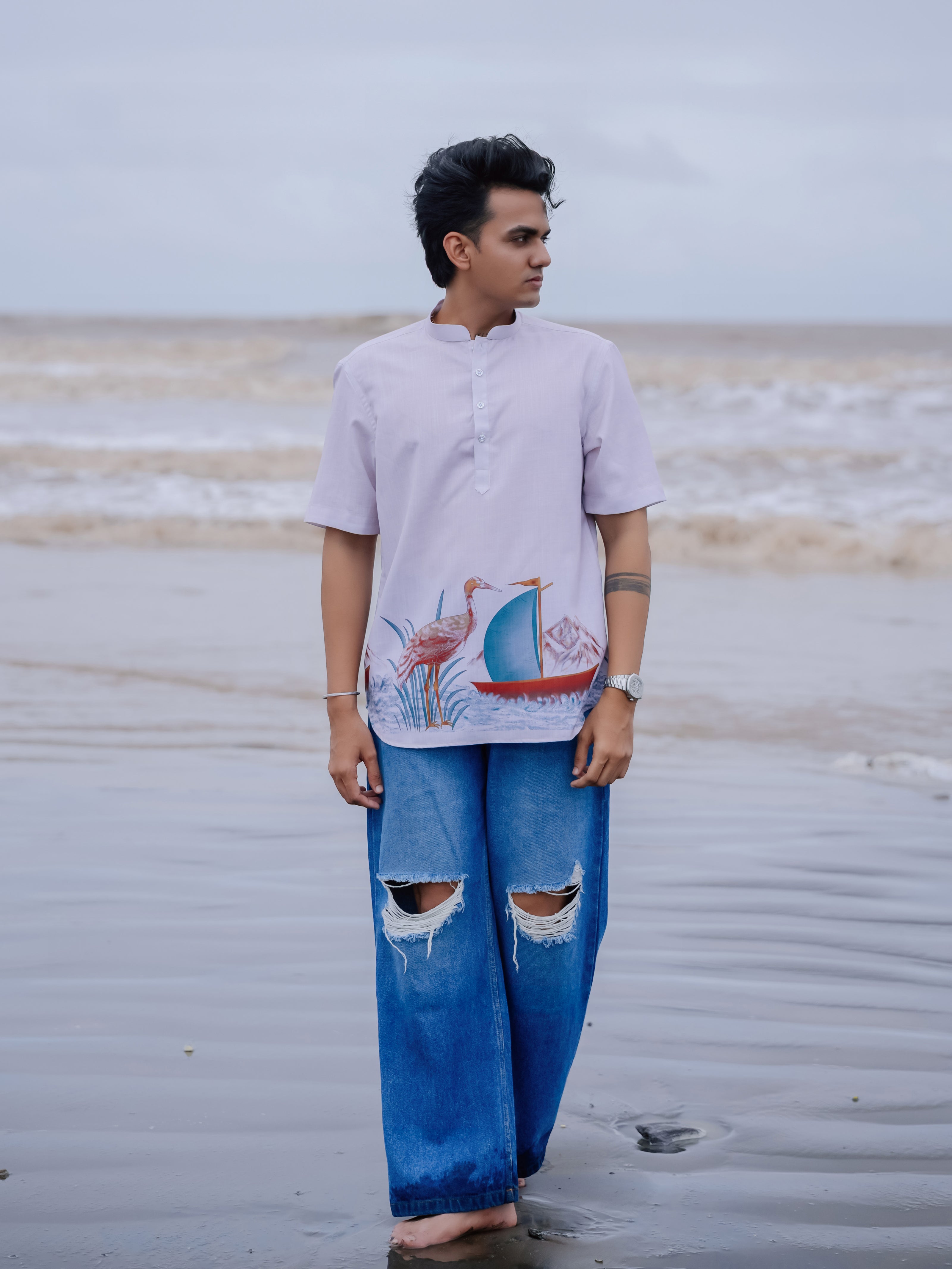 Peach Cotton Linen Stylish Men’s Printed Kurta Shirt – Beachwear Fashion