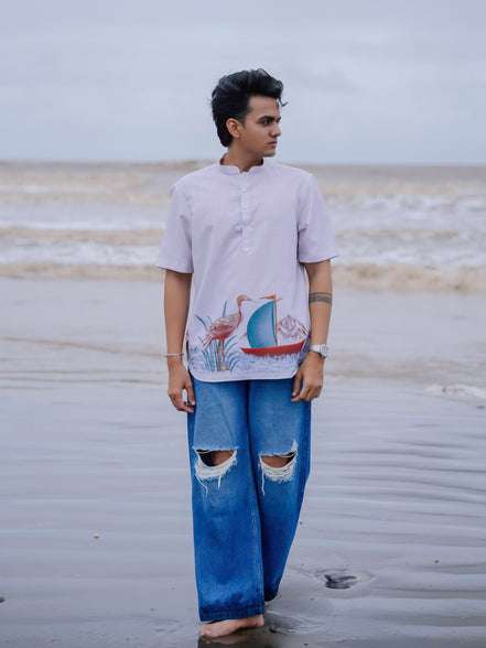 Peach Cotton Linen Stylish Men’s Printed Kurta Shirt – Beachwear Fashion