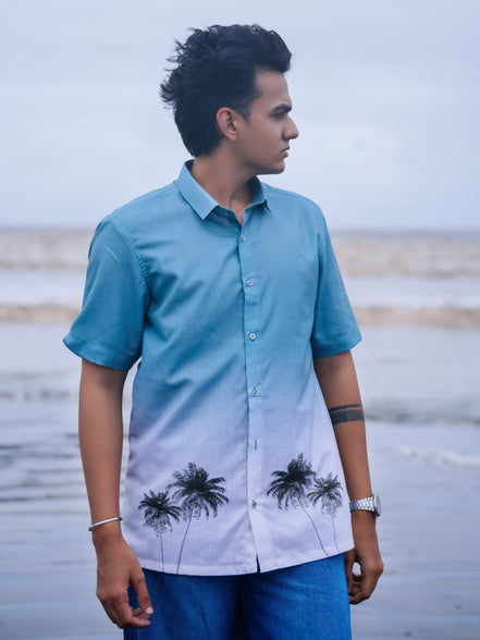 Stylish Blue Ombre Palm Print Cotton Linen Shirt for Men