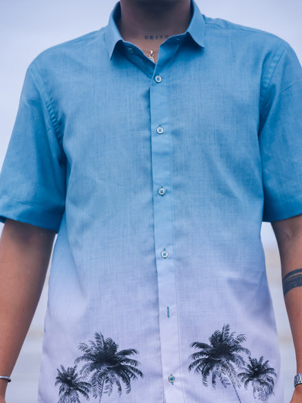 Stylish Blue Ombre Palm Print Cotton Linen Shirt for Men