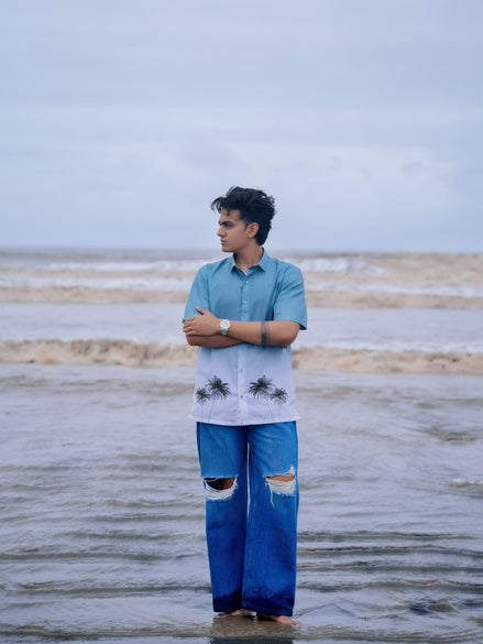 Stylish Blue Ombre Palm Print Cotton Linen Shirt for Men