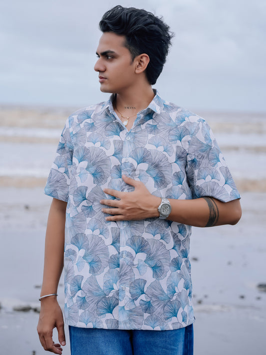 Trendy Style White & Blue Beach Ready Men’s Floral Cotton Linen Shirt
