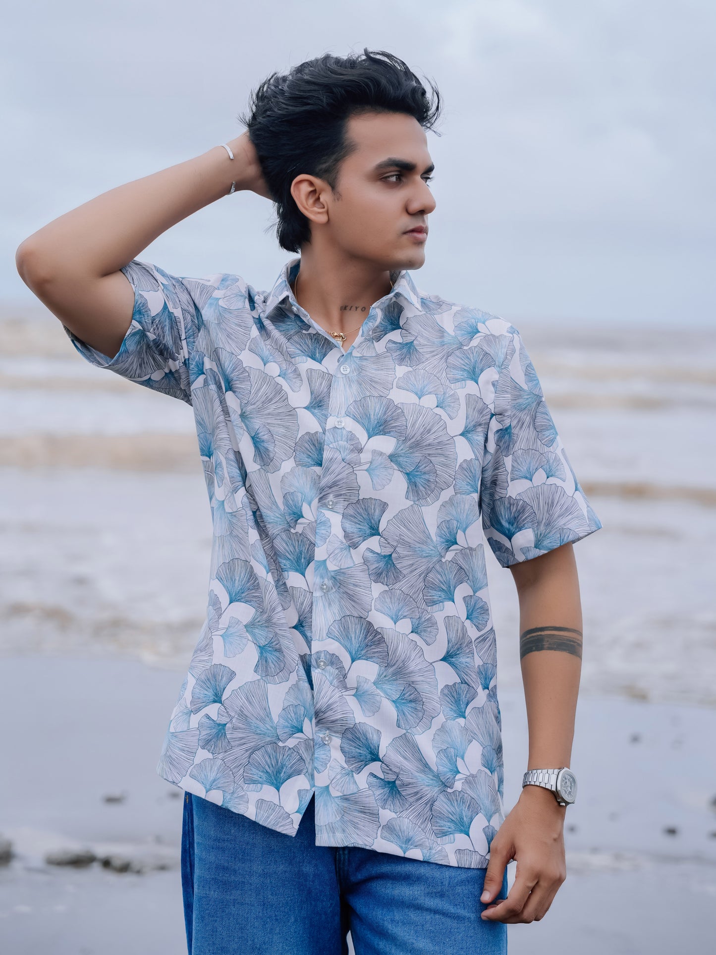 Trendy Style White & Blue Beach Ready Men’s Floral Cotton Linen Shirt