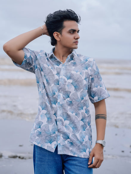 Trendy Style White & Blue Beach Ready Men’s Floral Cotton Linen Shirt