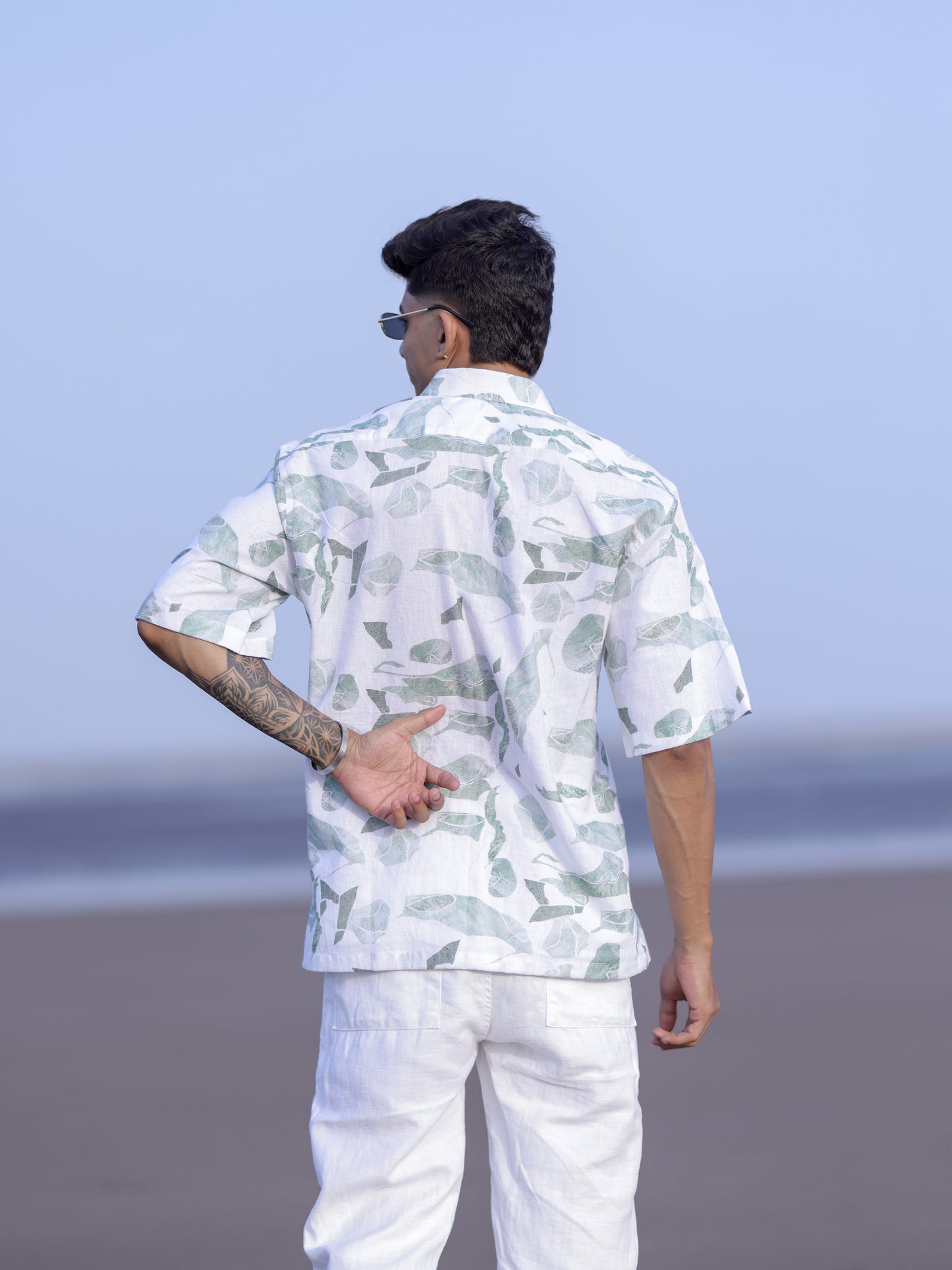 Men’s Tropical White & Green Leaf Print Linen Shirt