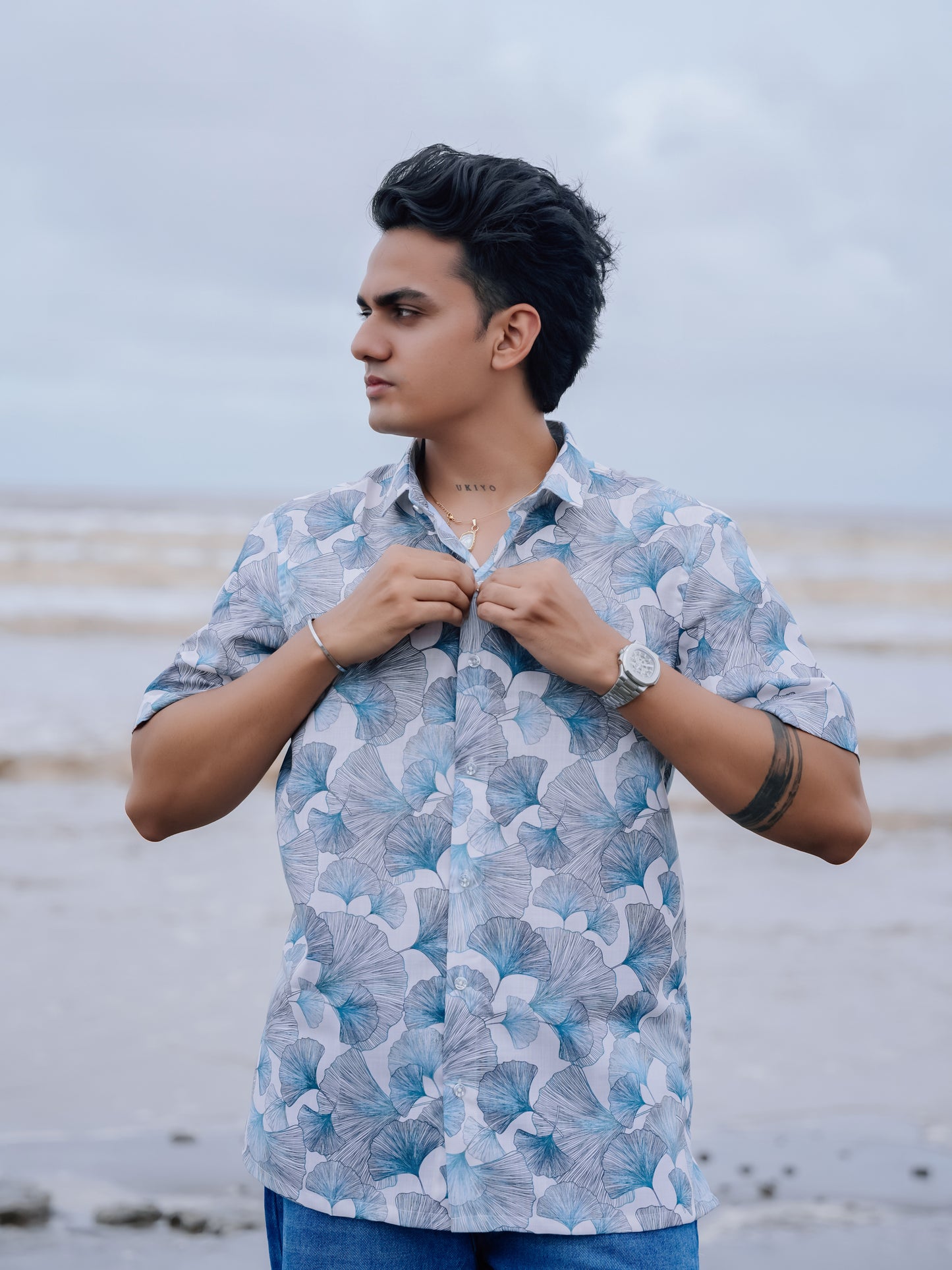 Trendy Style White & Blue Beach Ready Men’s Floral Cotton Linen Shirt