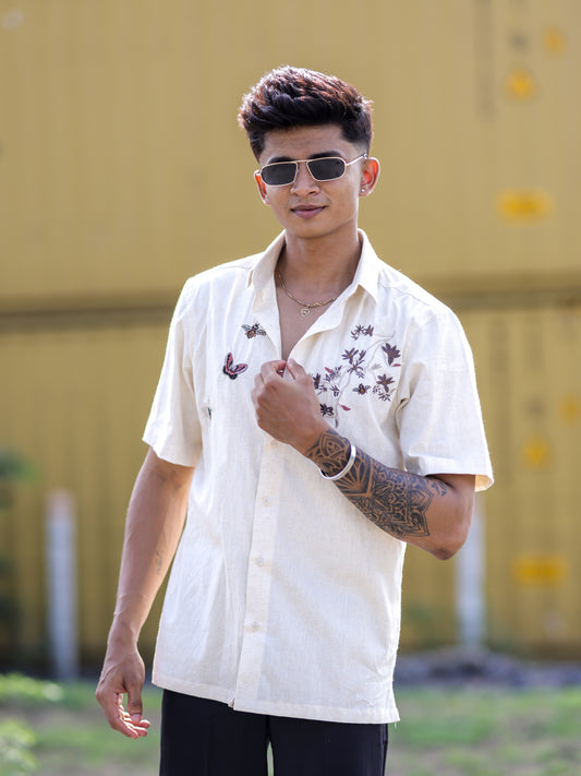 Stylish Cream Khadi Cotton Linen Shirt for Men | Fashion Embroidery