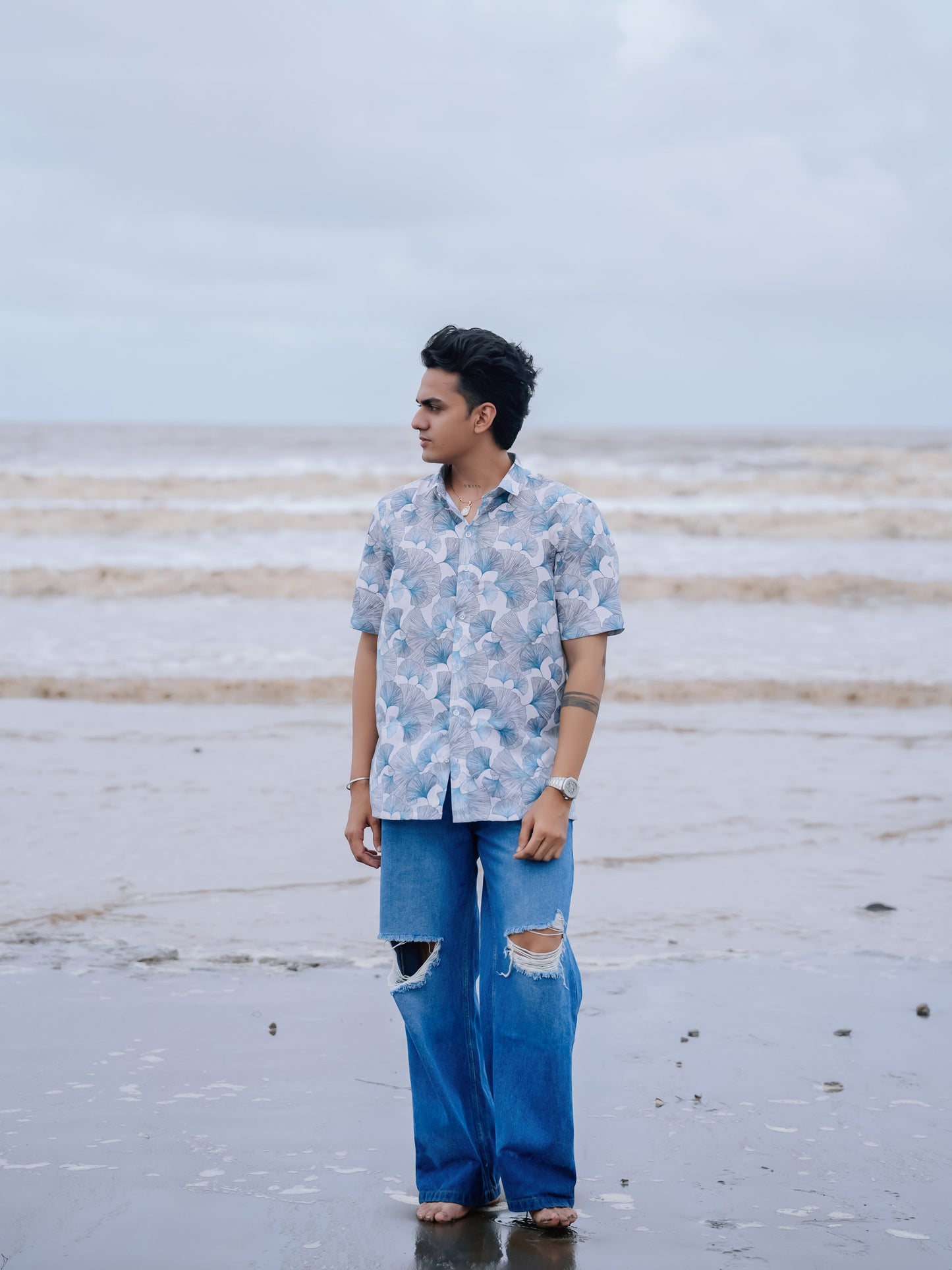 Trendy Style White & Blue Beach Ready Men’s Floral Cotton Linen Shirt