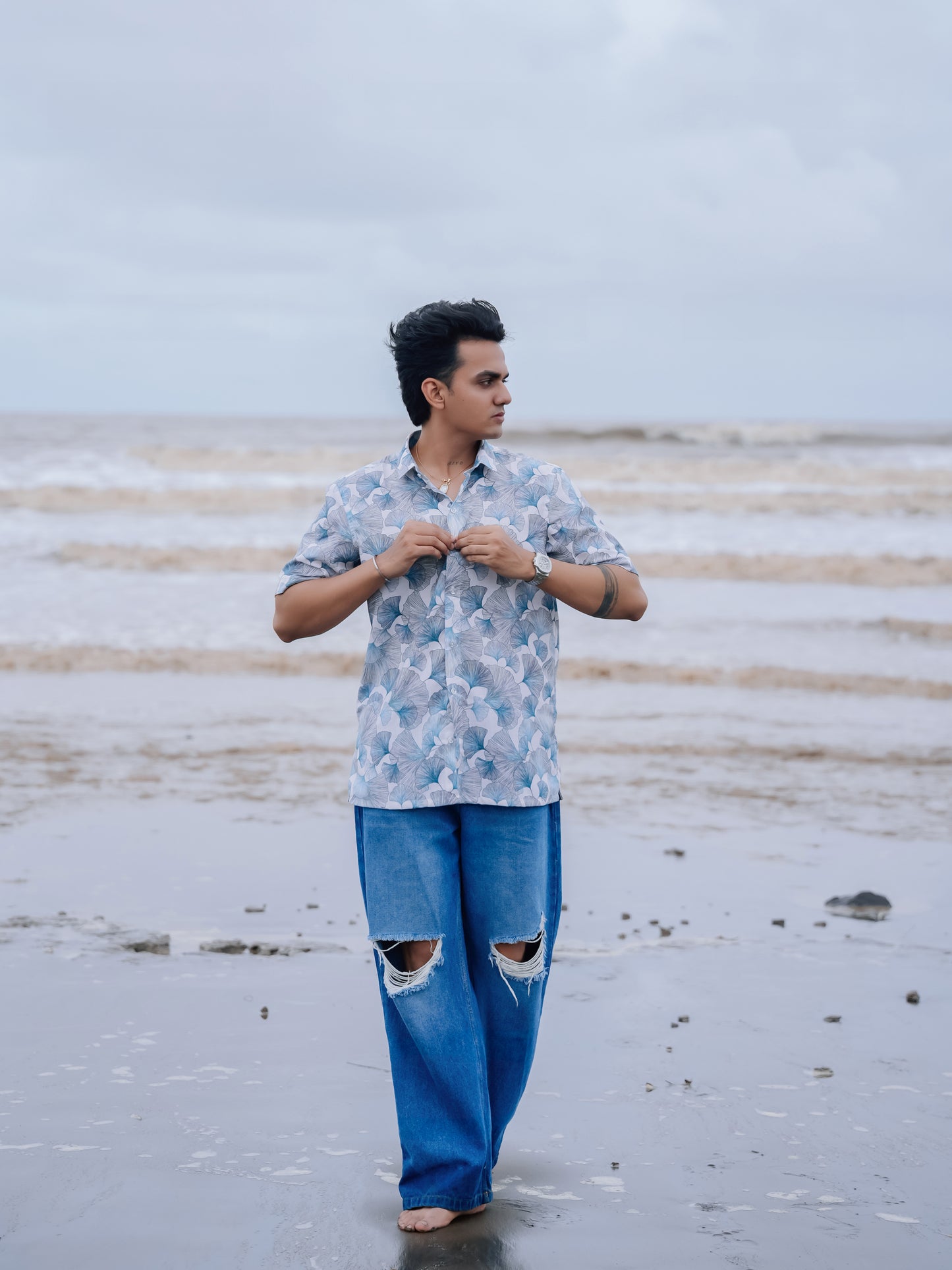 Trendy Style White & Blue Beach Ready Men’s Floral Cotton Linen Shirt