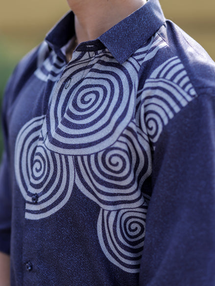 Navy Blue Cotton Linen Shirt for Men | Modern Spiral Print Trending Fashion