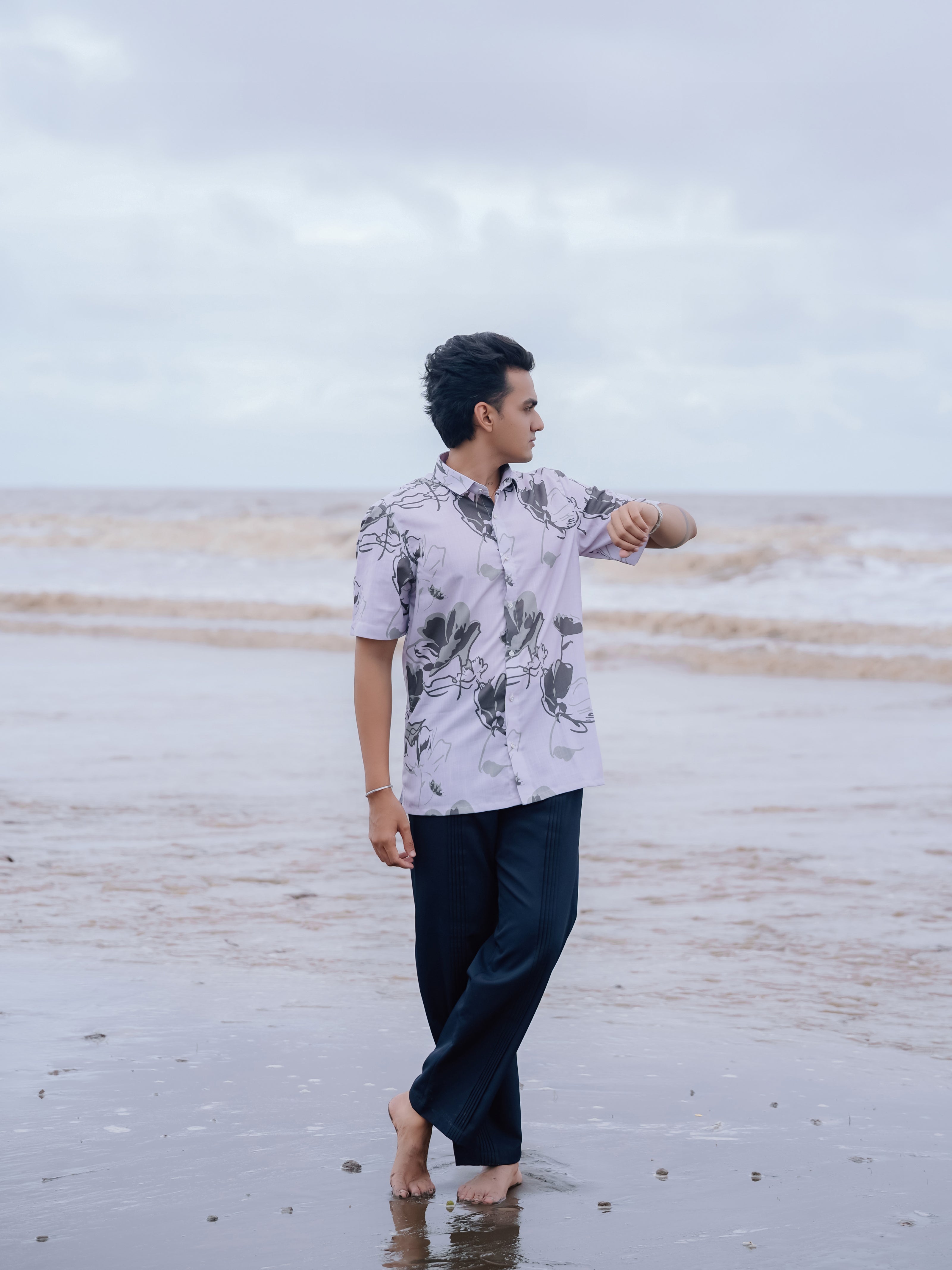 Stylish White & Grey Floral Print Cotton Linen Shirt for Men