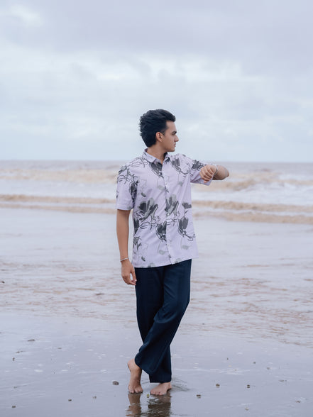 Stylish White & Grey Floral Print Cotton Linen Shirt for Men