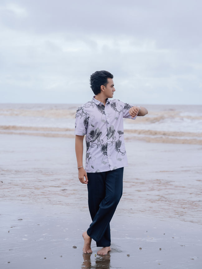Stylish White & Grey Floral Print Cotton Linen Shirt for Men