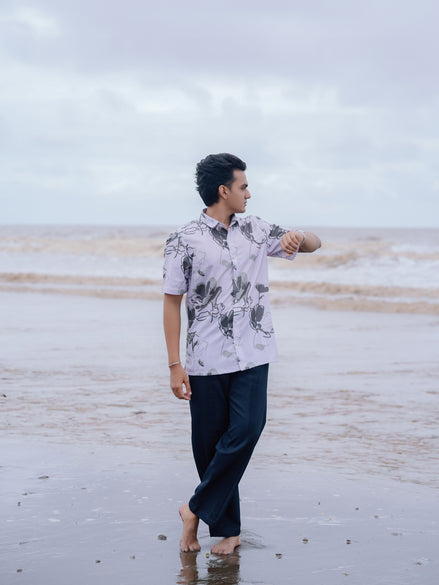 Stylish White & Grey Floral Print Cotton Linen Shirt for Men