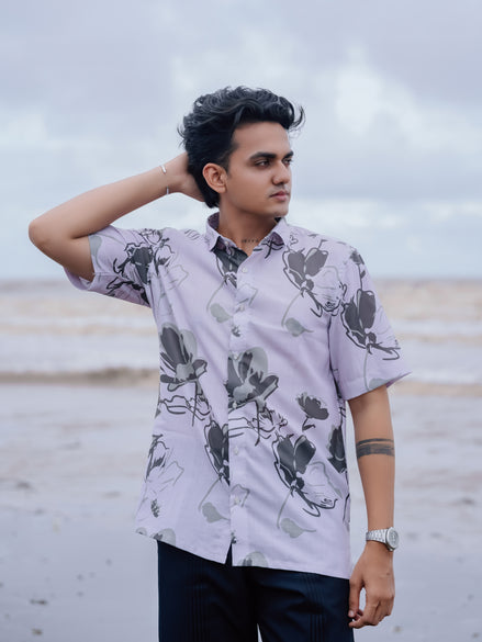 Stylish White & Grey Floral Print Cotton Linen Shirt for Men