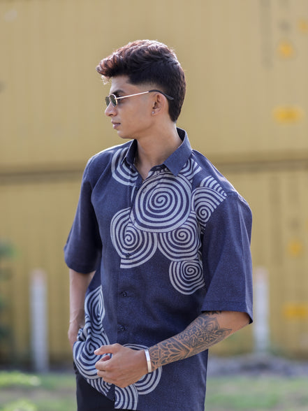 Navy Blue Cotton Linen Shirt for Men | Modern Spiral Print Trending Fashion