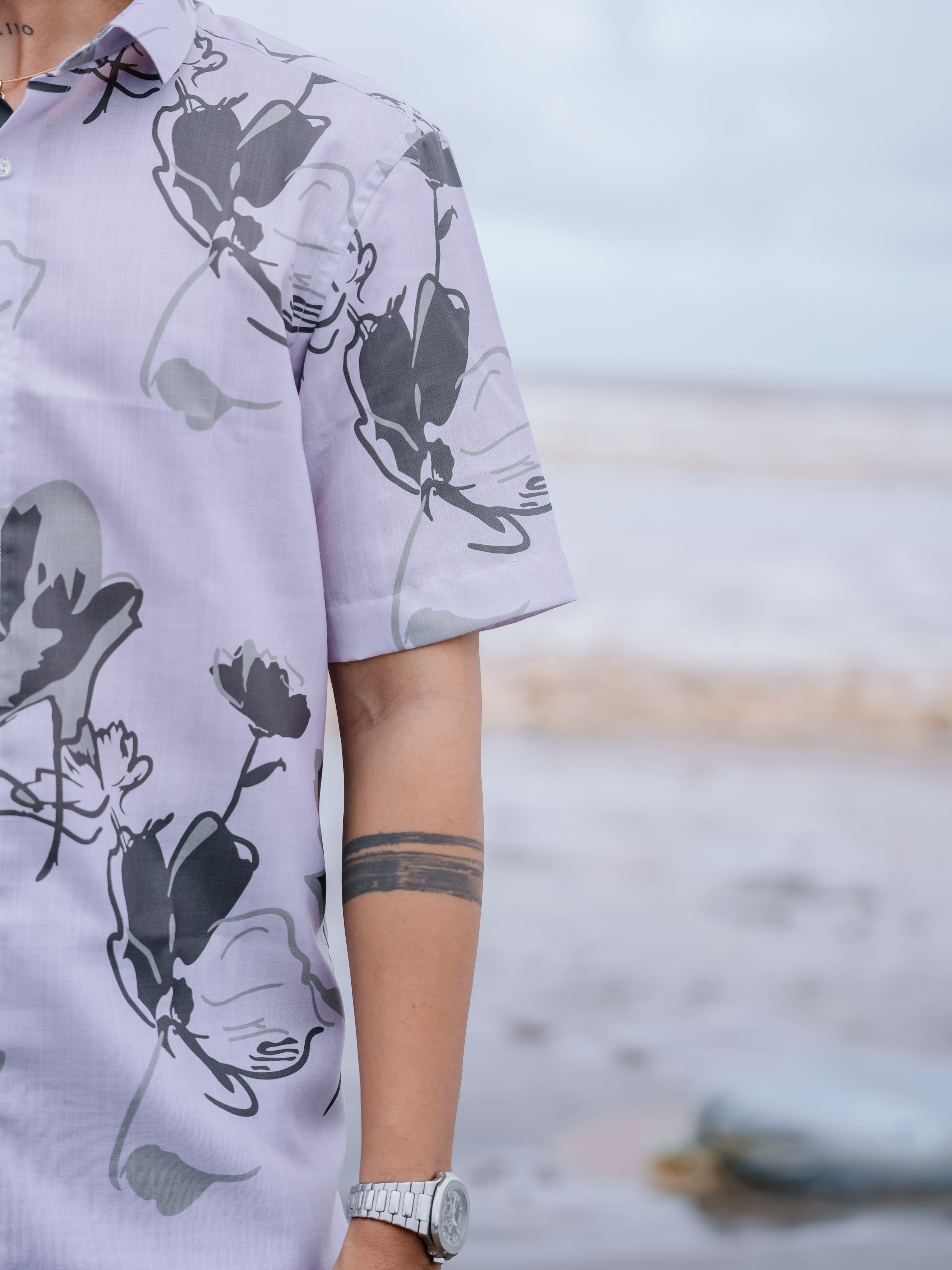 Stylish White & Grey Floral Print Cotton Linen Shirt for Men