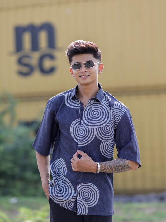 Navy Blue Cotton Linen Shirt for Men | Modern Spiral Print Trending Fashion