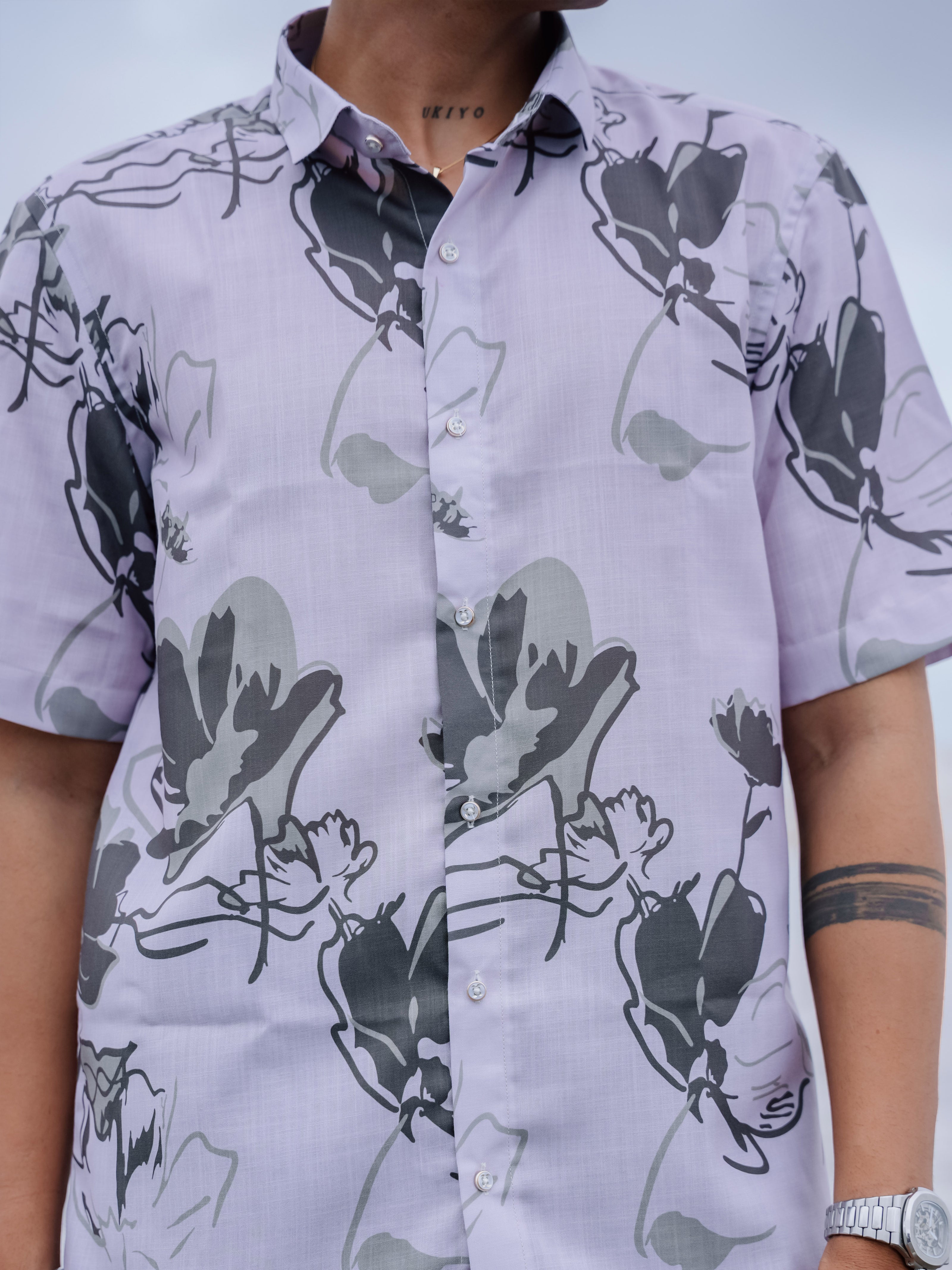 Stylish White & Grey Floral Print Cotton Linen Shirt for Men
