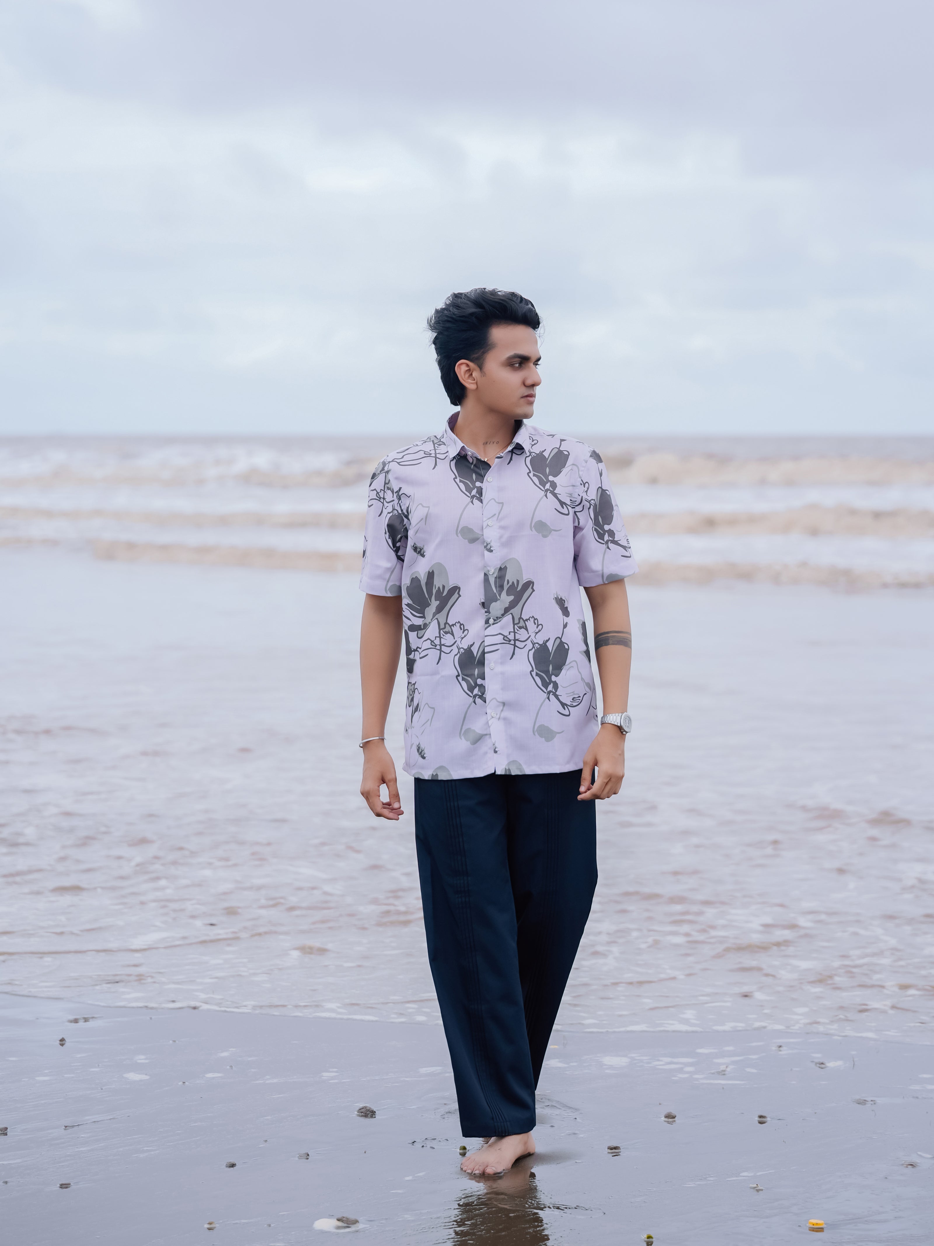 Stylish White & Grey Floral Print Cotton Linen Shirt for Men