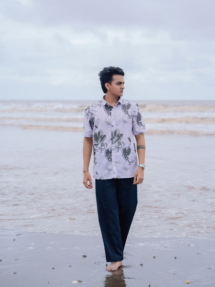 Stylish White & Grey Floral Print Cotton Linen Shirt for Men