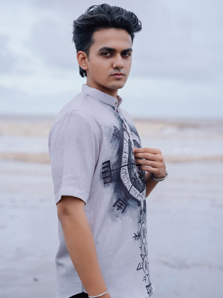 Grey Cotton Linen Stylish Men – Modern Printed Shirt Kurta